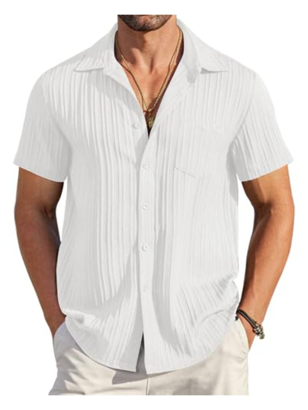 Men's Short Sleeve Textured Button Down Shirt with Chest Pocket